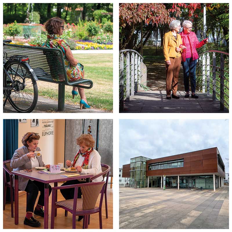 Das Bild zeigt vier verschiedene Bilder: Seniorin auf der Bank, Senioren auf einer Brücke, Senioren im Café und eine Außenansicht des Stadtteilzentrums "Neue Mitte".