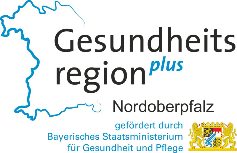Das Bild zeigt das Logo der Gesundheitsregion Plus nordoberpfalz mit einer angedeuteten Landkarte.